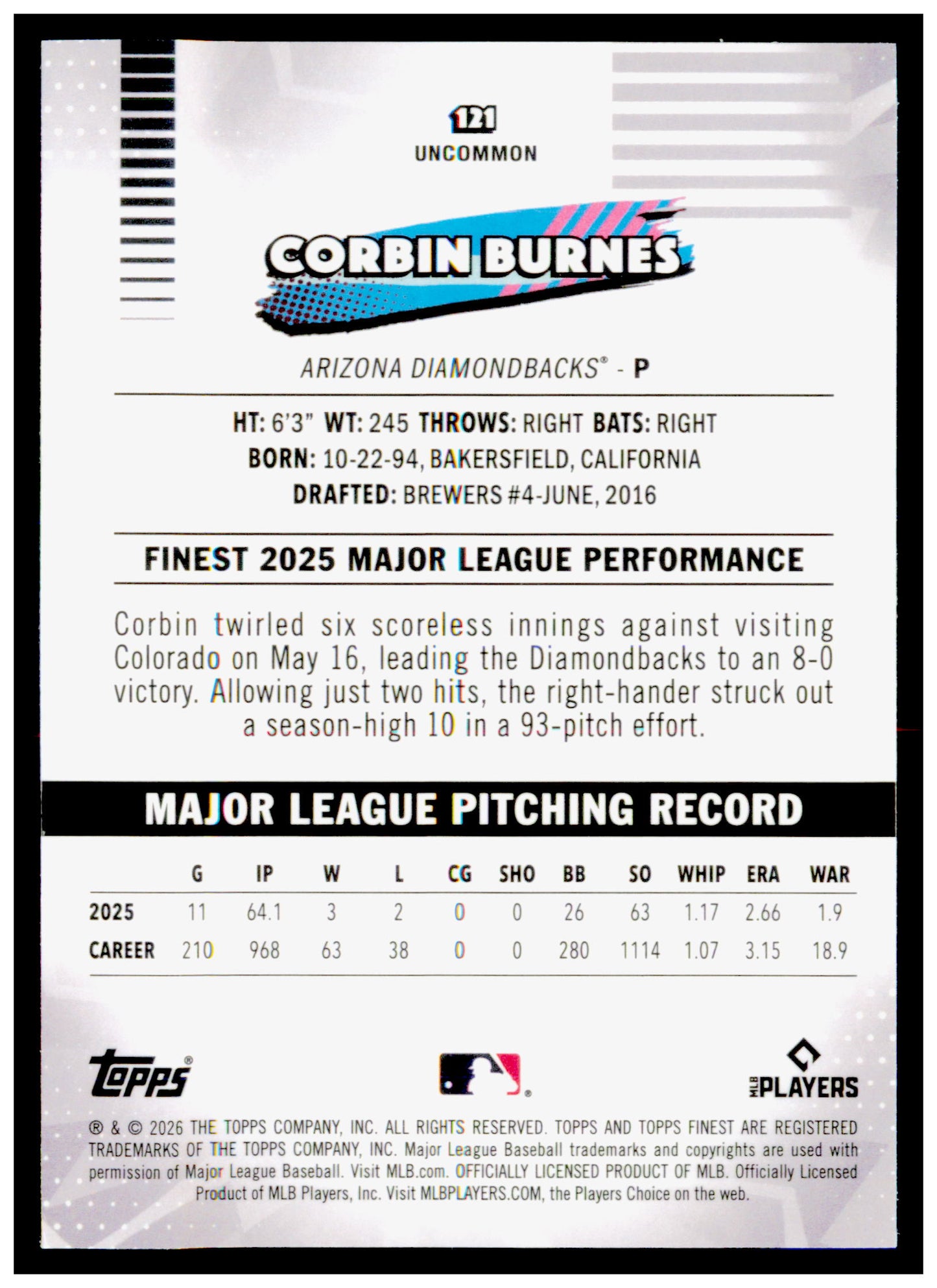 2026 Topps Finest Corbin Burnes Card Arizona Diamondbacks