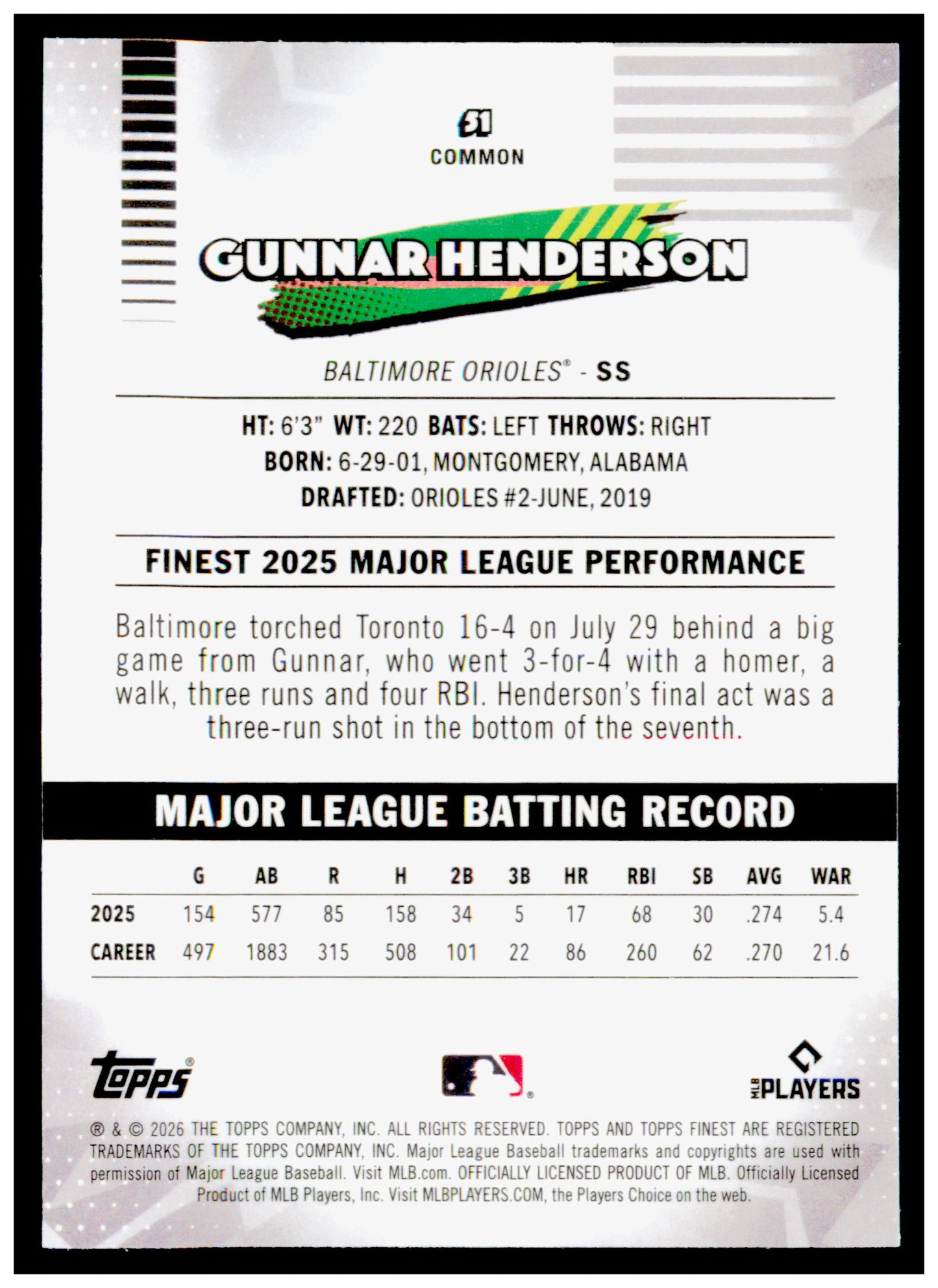 2026 Topps Finest Gunnar Henderson Card Baltimore Orioles
