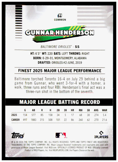 2026 Topps Finest Gunnar Henderson Card Baltimore Orioles