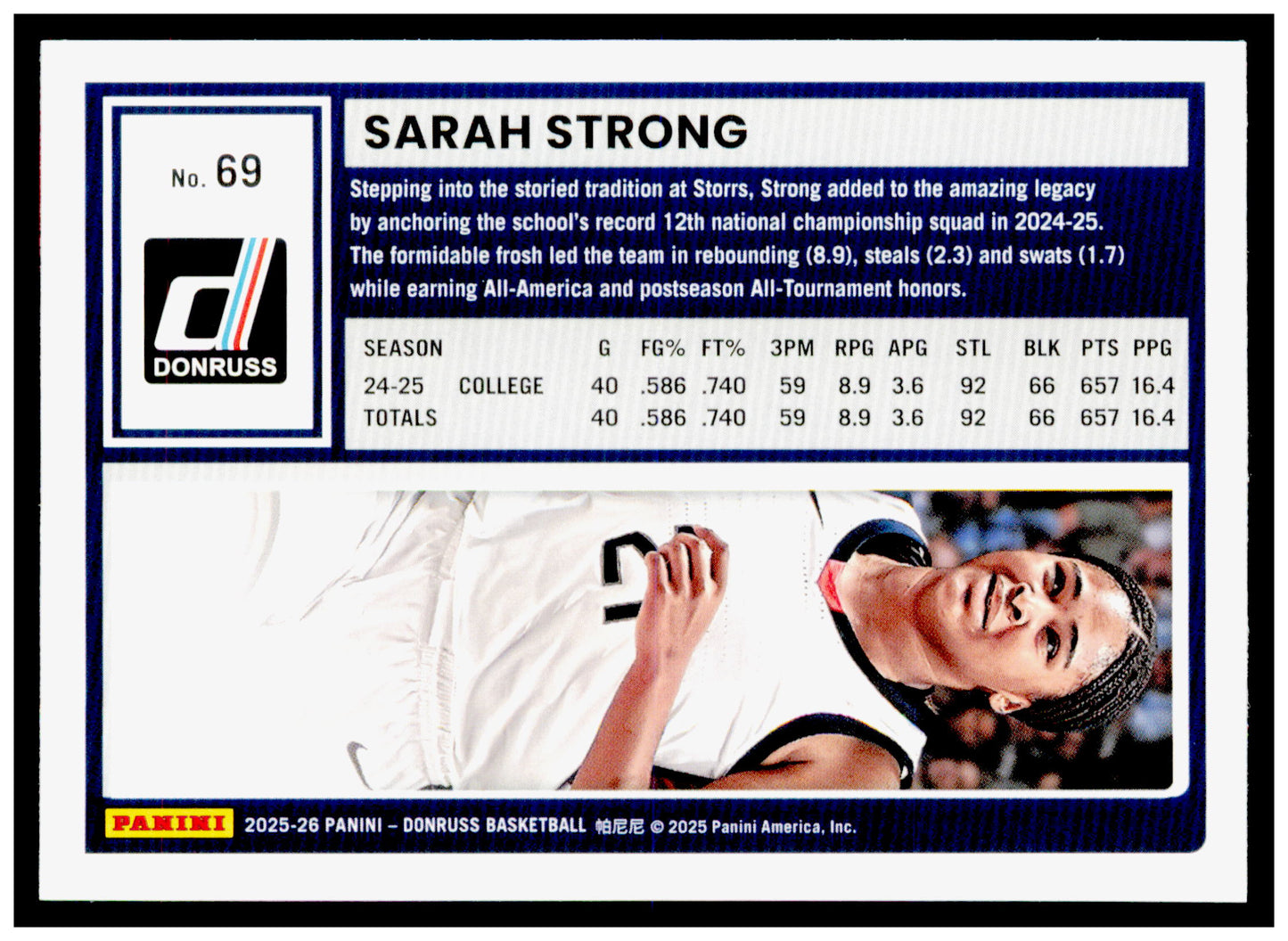2025-26 Donruss Sarah Strong Card Connecticut Huskies