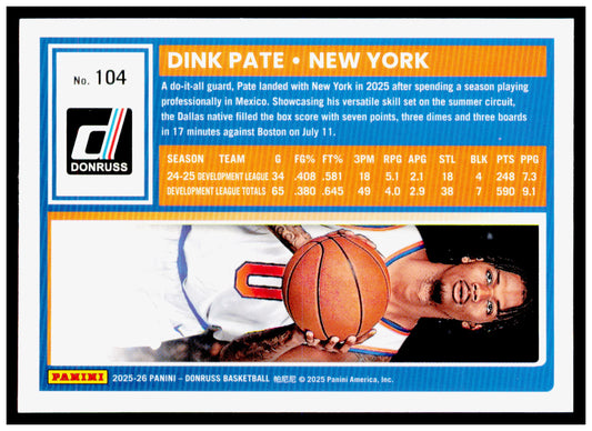 2025-26 Donruss Dink Pate Card New York Knicks