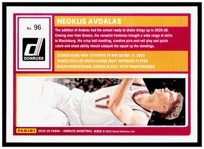 2025-26 Donruss Neoklis Avdalas Card Virginia Tech Hokies