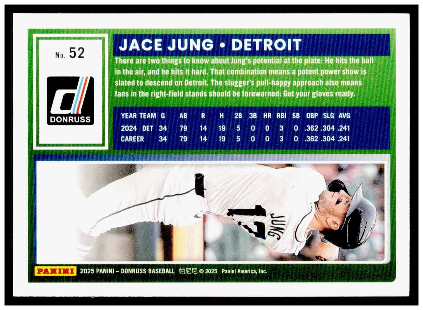 2025 Donruss Jace Jung Card Rookie Detroit Tigers