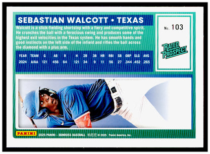 2025 Donruss Sebastian Walcott Card Texas Rangers