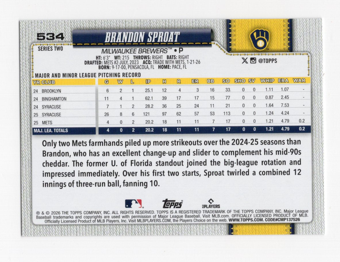 2026 Topps Brandon Sproat Card Holiday Milwaukee Brewers