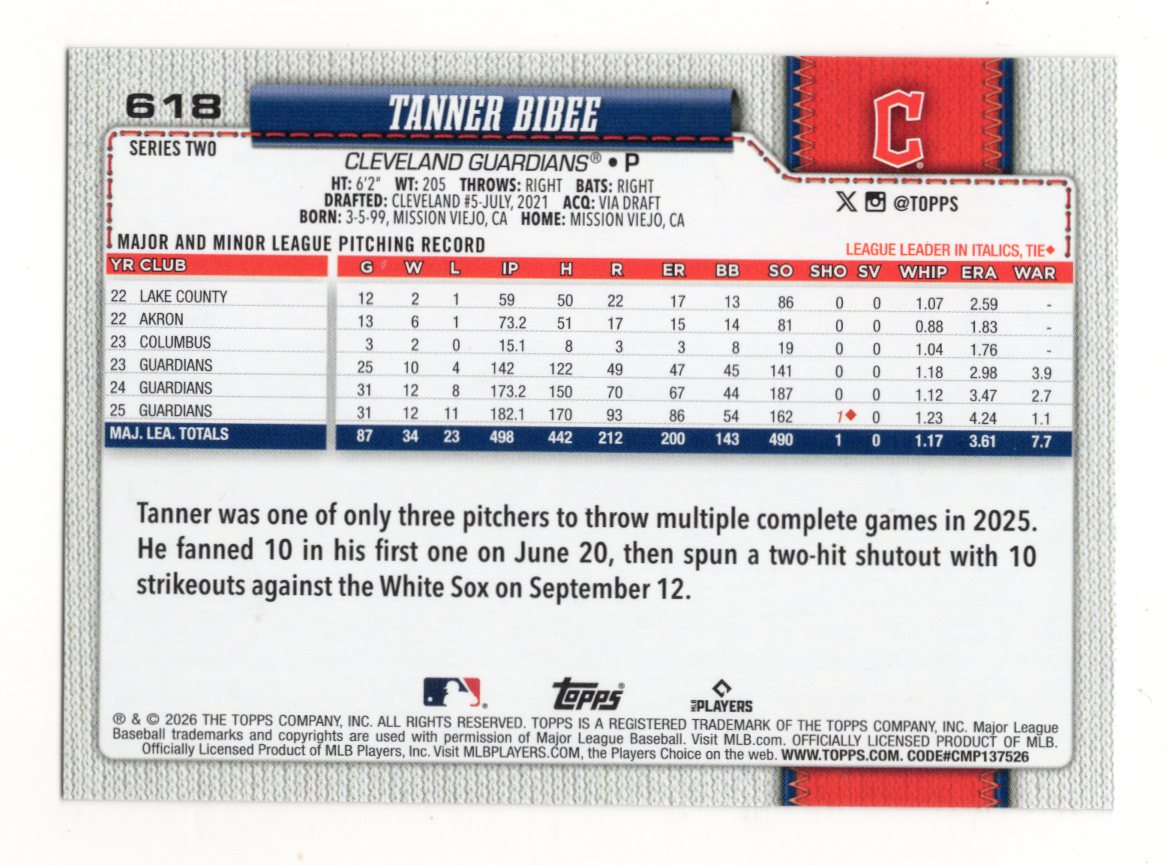 2026 Topps Series 2 Tanner Bibee Card Holiday Cleveland Guardians