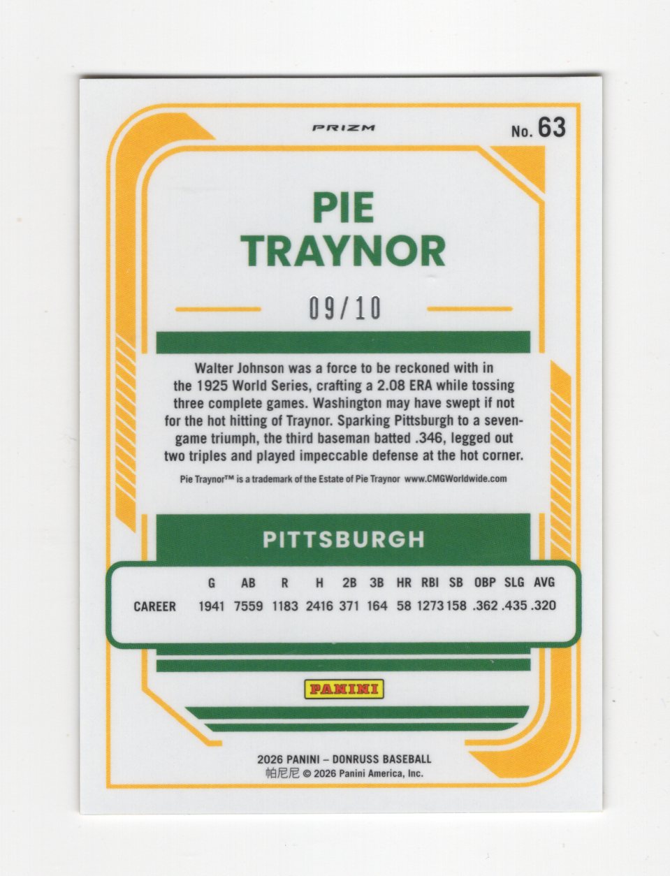 2026 Donruss Pie Traynor Card Optic Gold Velocity SN Pittsburgh Pirates
