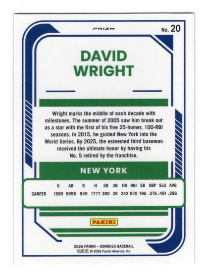 2026 Donruss David Wright Card Optic Holo New York Mets