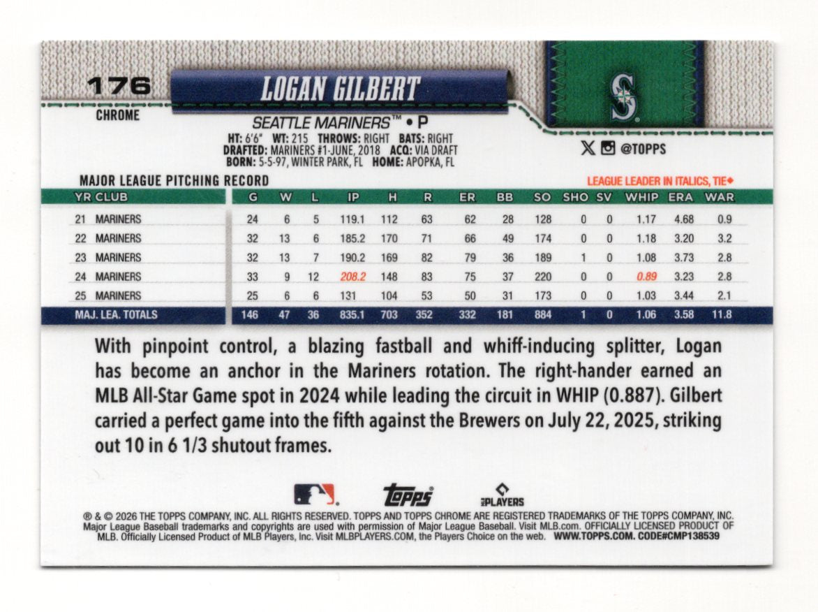 2026 Topps Chrome Logan Gilbert Card Seattle Mariners