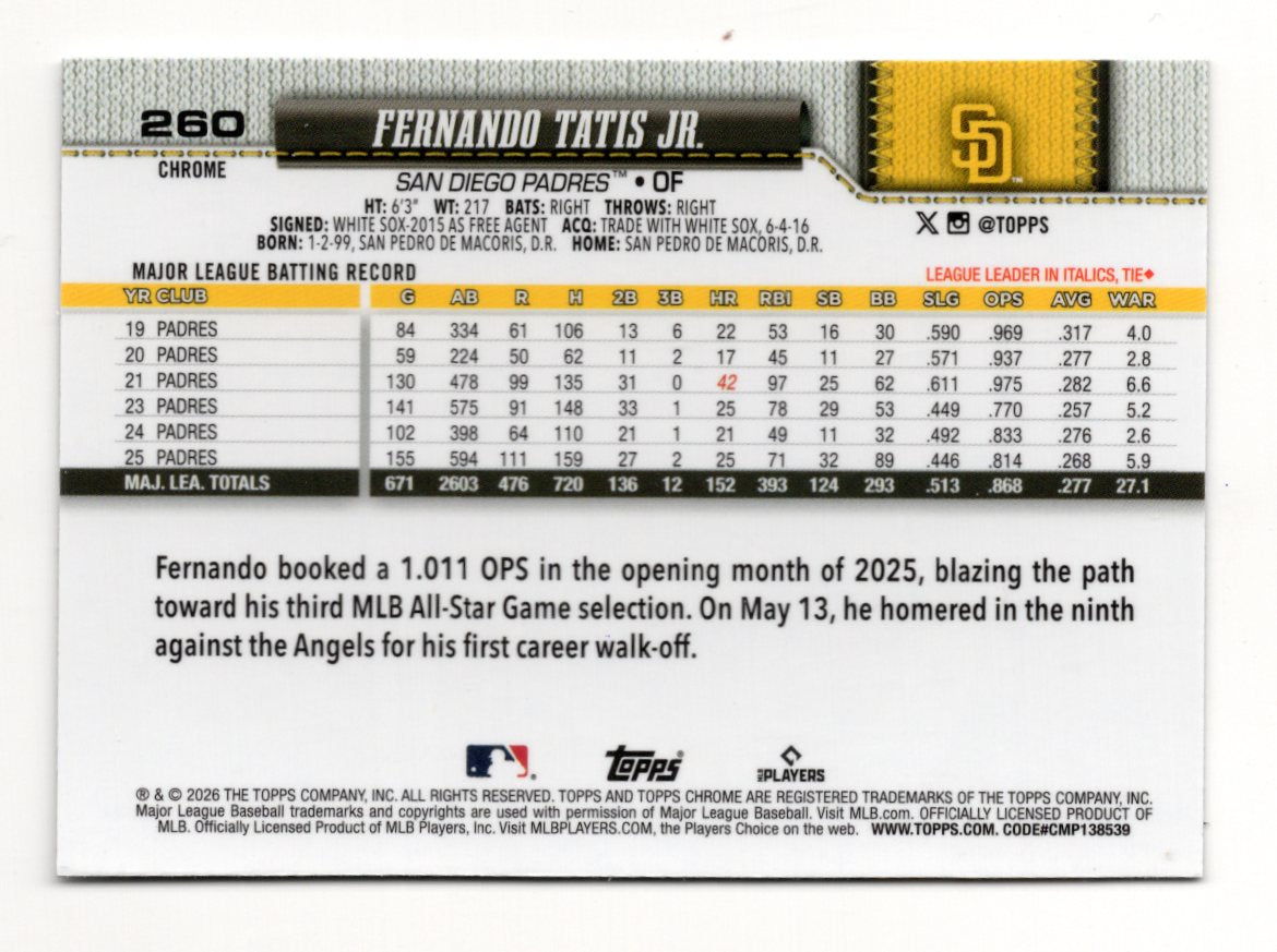 2026 Topps Chrome Fernando Tatis Jr. Card San Diego Padres