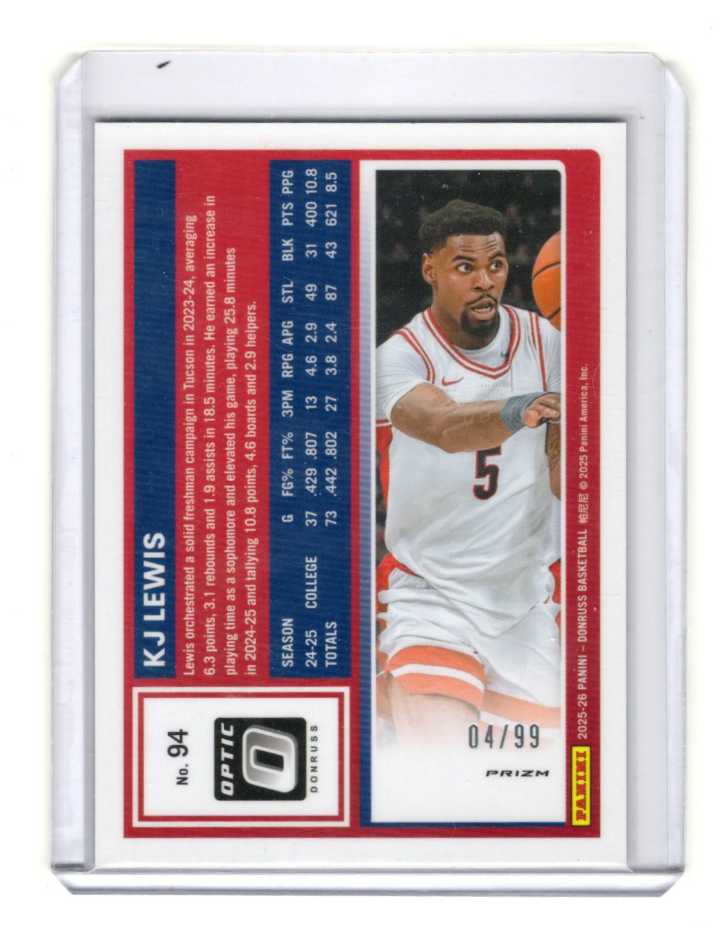 2025-26 Donruss Optic KJ Lewis #94 Copper Glitter Parallel /99 Arizona Wildcats