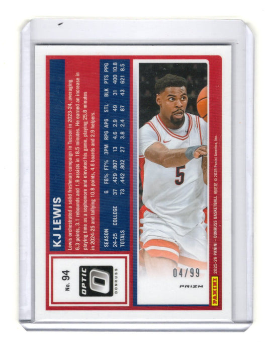 2025-26 Donruss Optic KJ Lewis #94 Copper Glitter Parallel /99 Arizona Wildcats