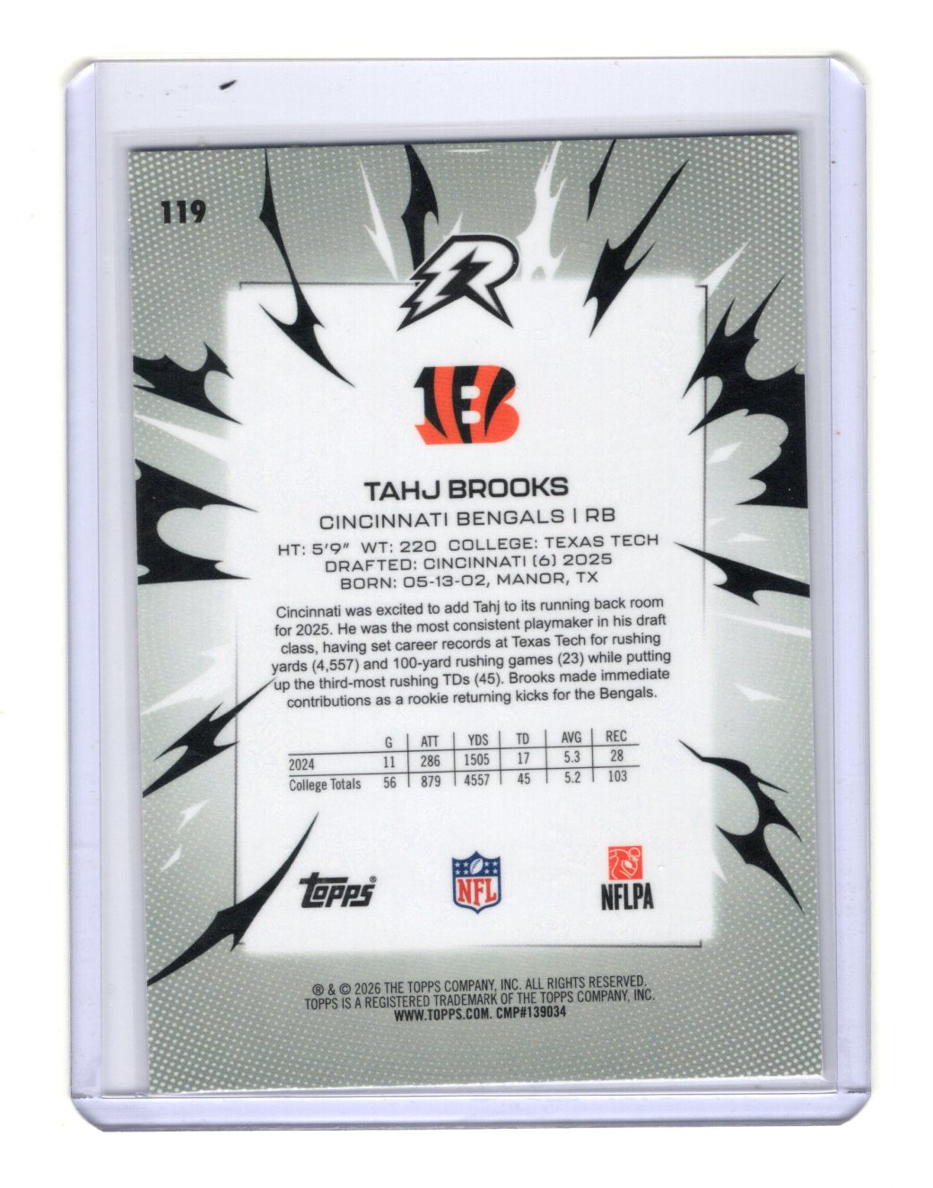 2025 Topps Resurgence Tahj Brooks #119 Blue Orange Spark RC Bengals Texas Tech