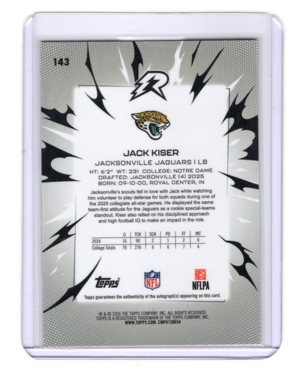 2025 Topps Resurgence Jack Kiser Red Power Surge Auto /5 #143 RC Auto Jaguars