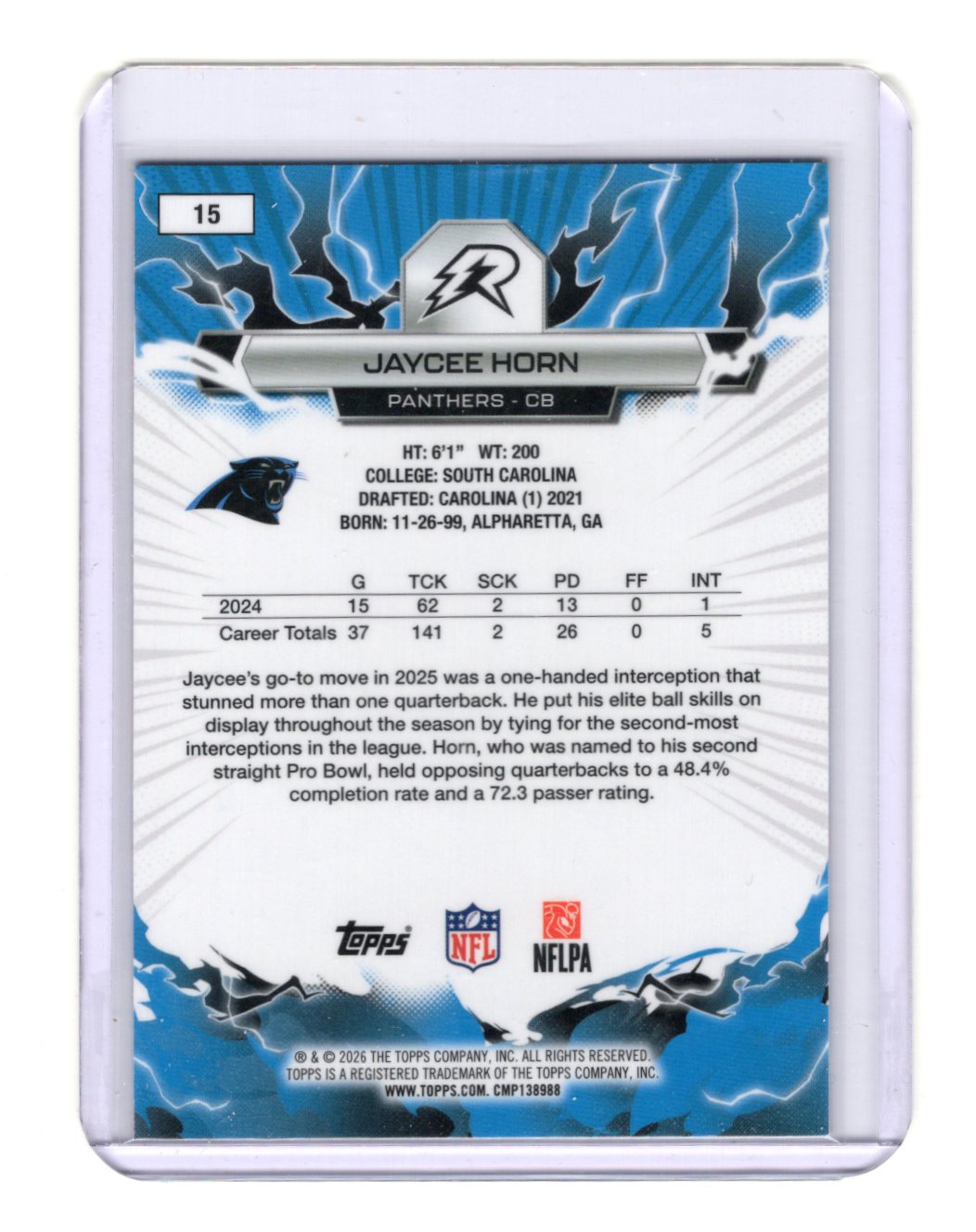 2025 Topps Resurgence Jaycee Horn #15 Blue Orange Spark Refractor Panthers