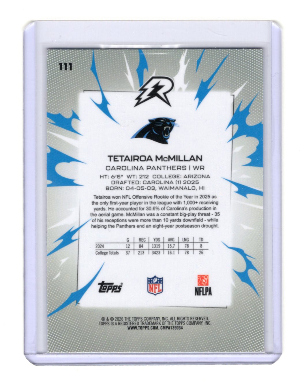2025 Topps Resurgence Tetairoa McMillan #111 Sky Blue Pink Shock Laser RC