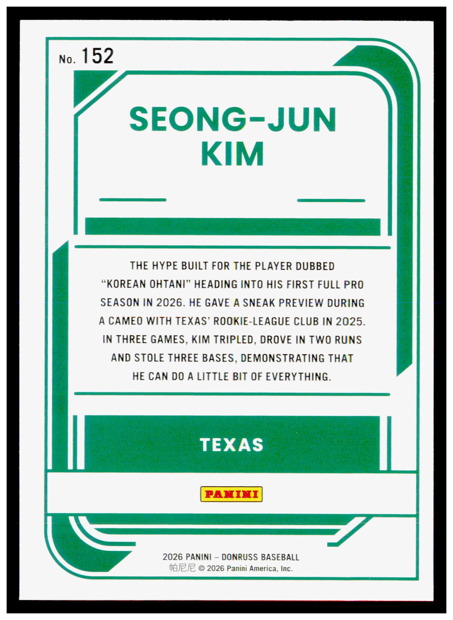 2026 Donruss Seong-Jun Kim Card Texas Rangers