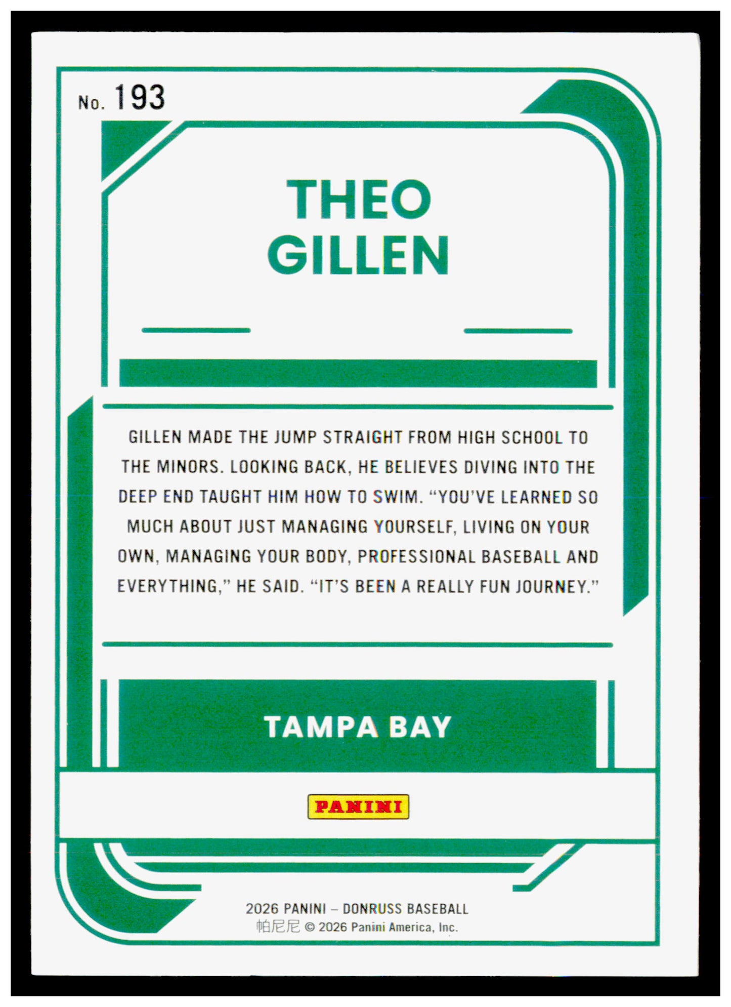 2026 Donruss Theo Gillen Card Tampa Bay Rays