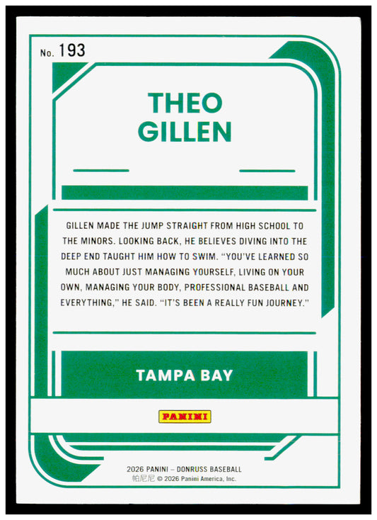 2026 Donruss Theo Gillen Card Tampa Bay Rays