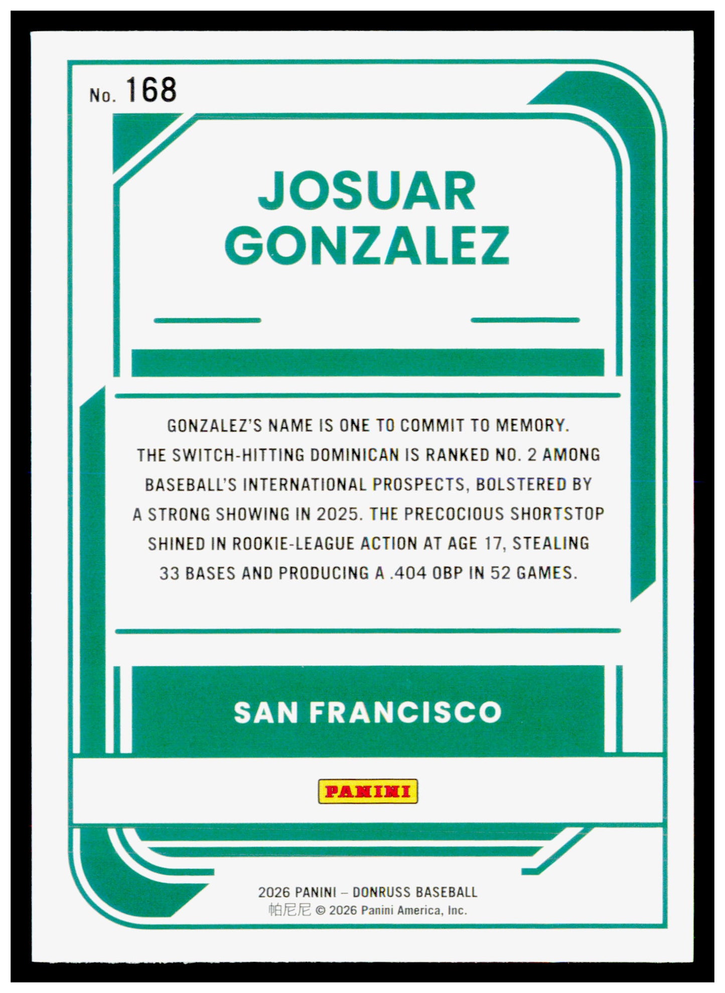 2026 Donruss Josuar Gonzalez Card Liberty San Francisco Giants