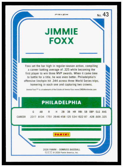 2026 Donruss Jimmie Foxx Card Optic Blue Velocity Philadelphia Athletics