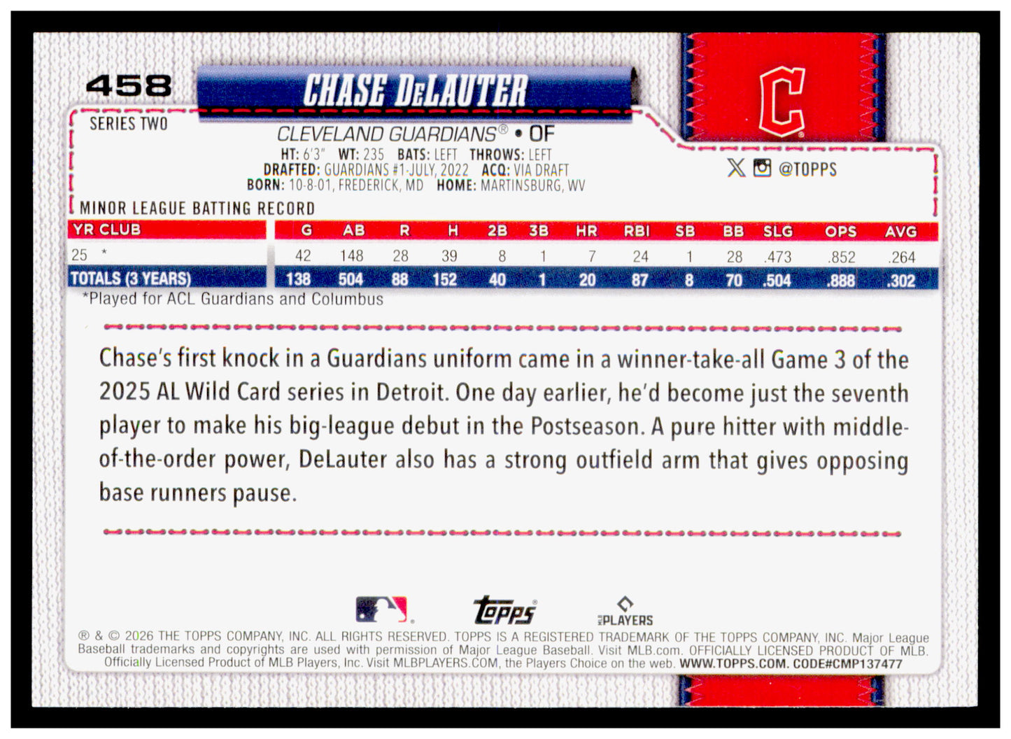 2026 Topps Chrome Chase DeLauter Card Refractors Rookie Cleveland Guardians