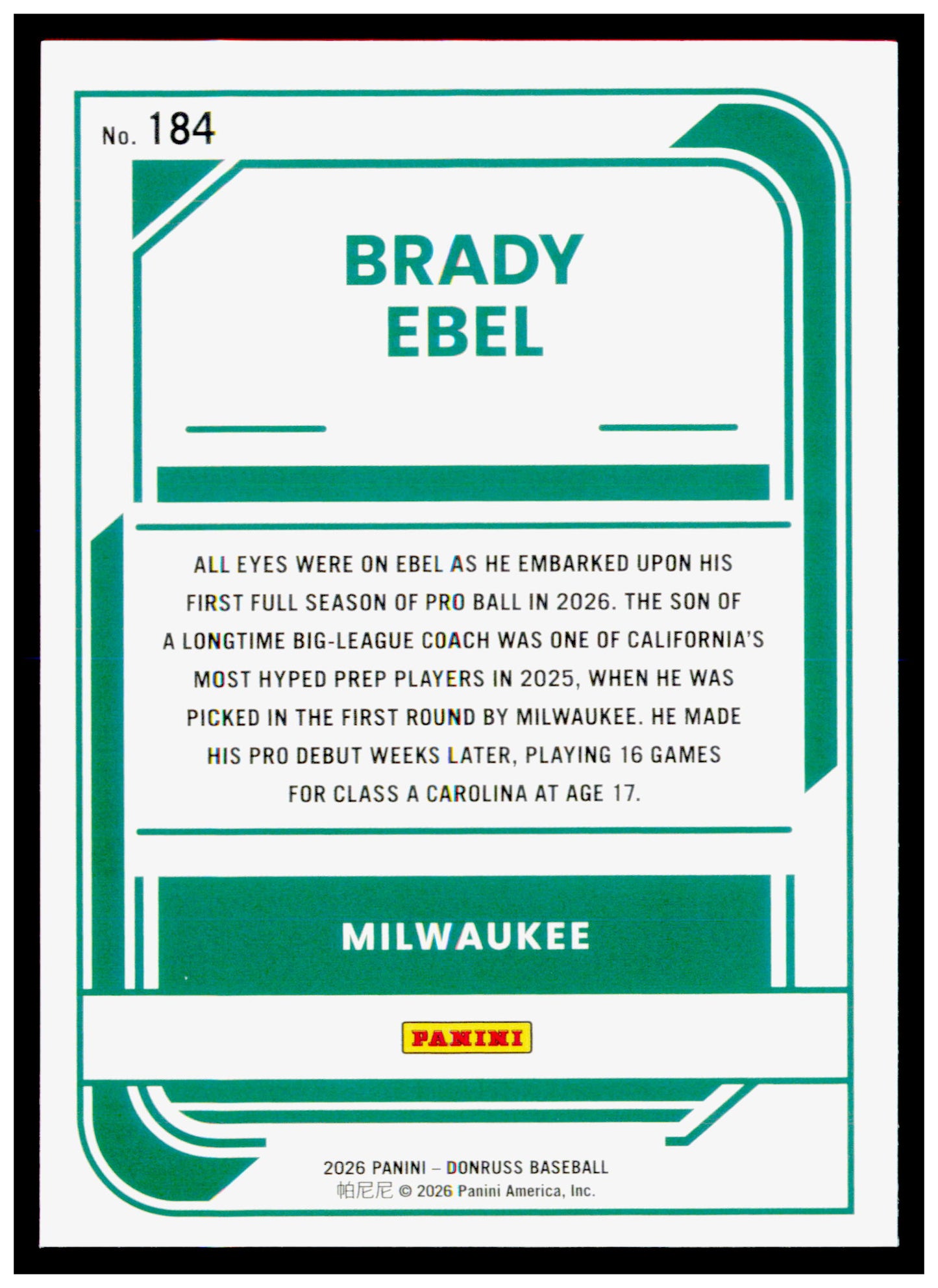 2026 Donruss Brady Ebel Card Milwaukee Brewers