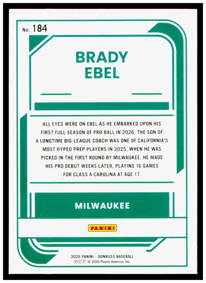 2026 Donruss Brady Ebel Card Milwaukee Brewers
