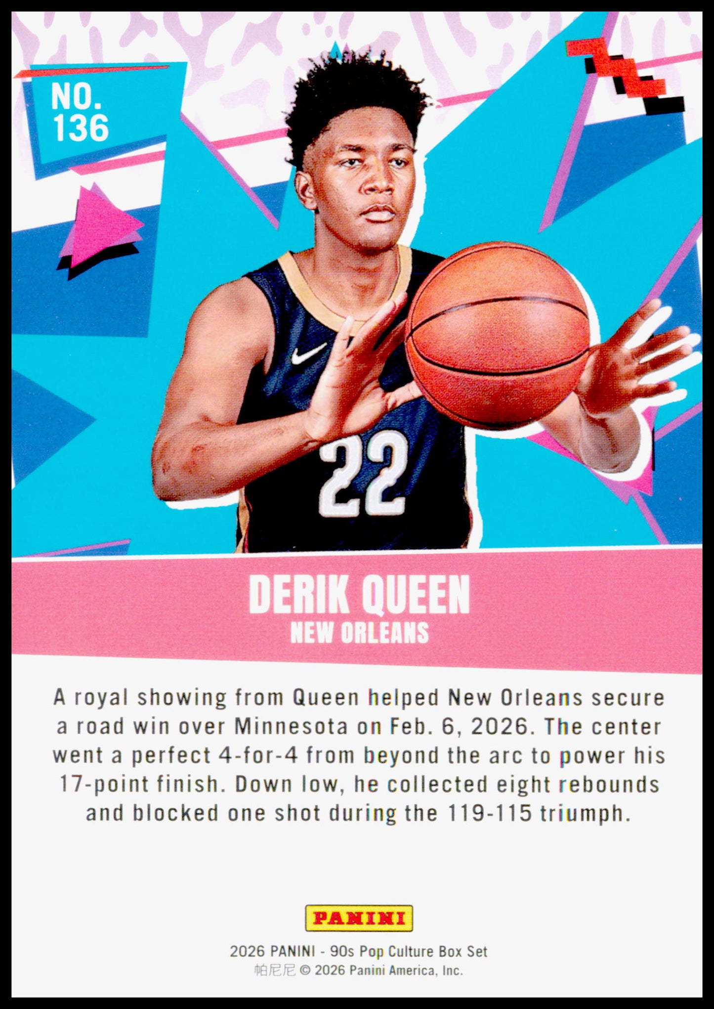 2026 Panini Decades 90s Pop Culture Derik Queen Card New Orleans Pelicans