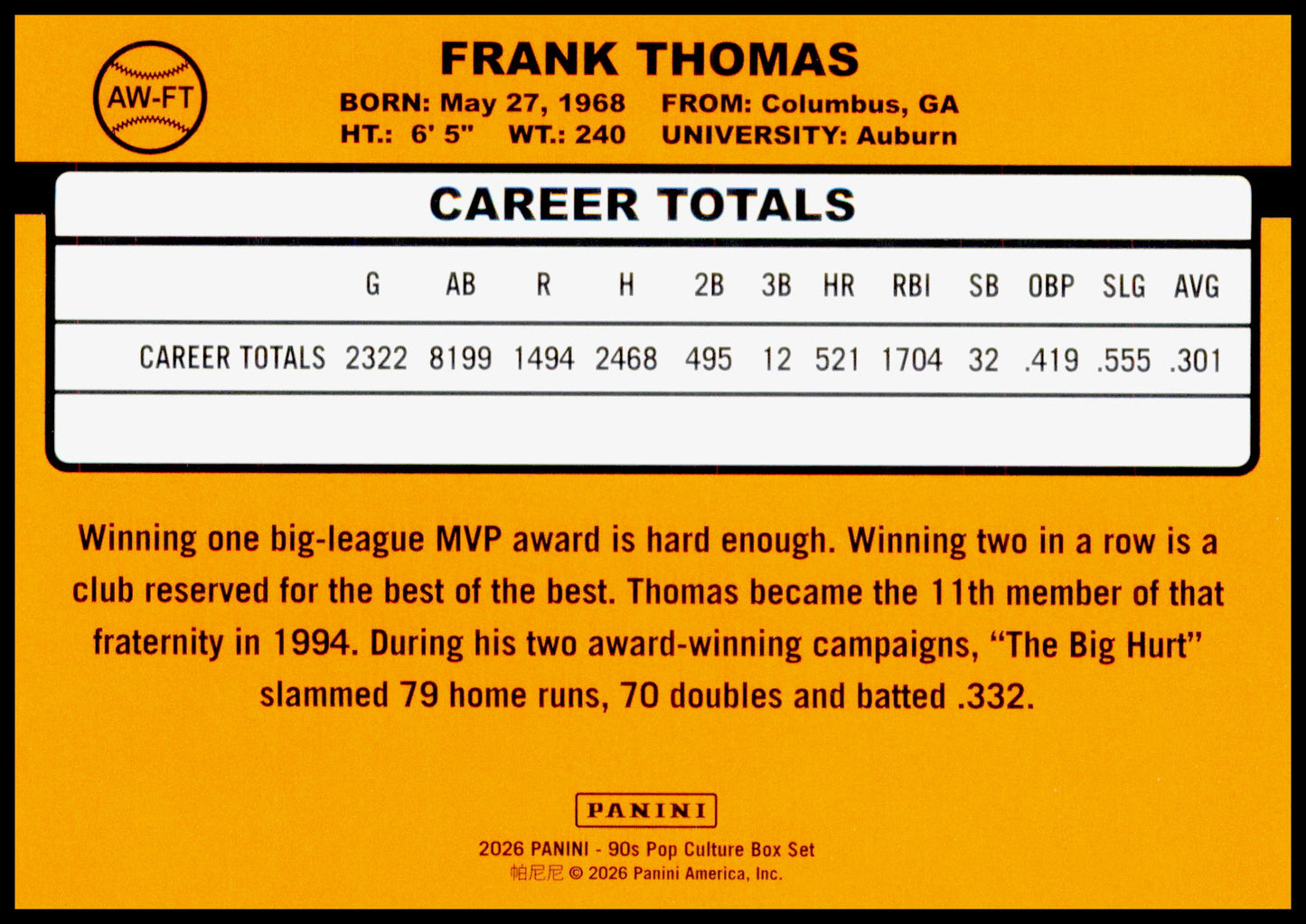 2026 Panini Decades 90s Pop Culture Frank Thomas Card Award Winners Chicago