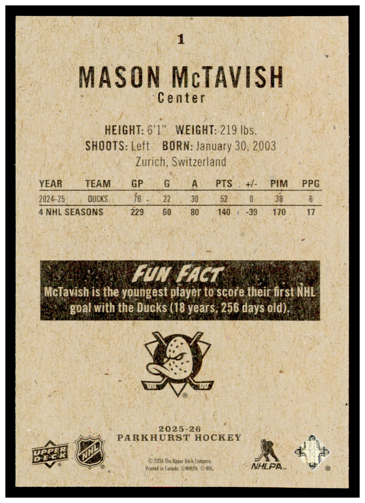 2025-26 Parkhurst Mason McTavish Card Anaheim Ducks