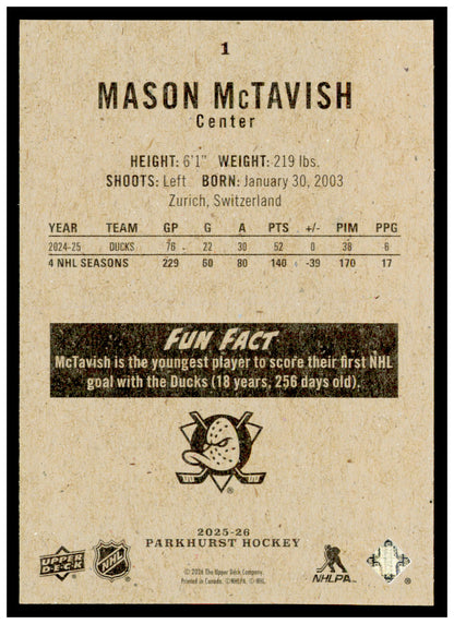 2025-26 Parkhurst Mason McTavish Card Anaheim Ducks