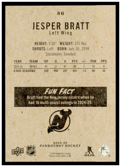 2025-26 Parkhurst Jesper Bratt Card New Jersey Devils