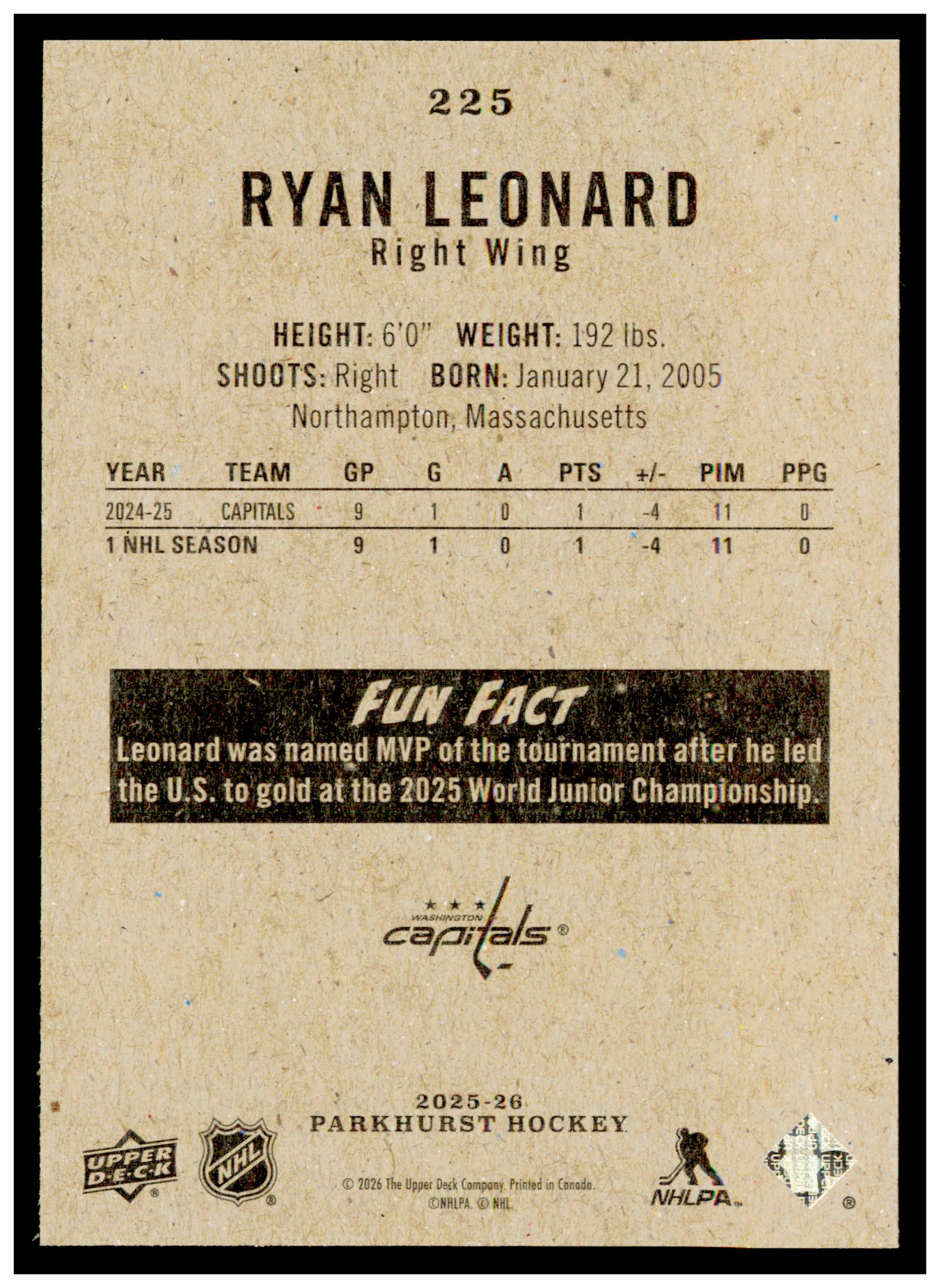 2025-26 Parkhurst Ryan Leonard Card Rookie Washington Capitals