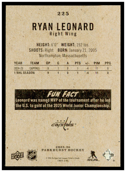 2025-26 Parkhurst Ryan Leonard Card Rookie Washington Capitals