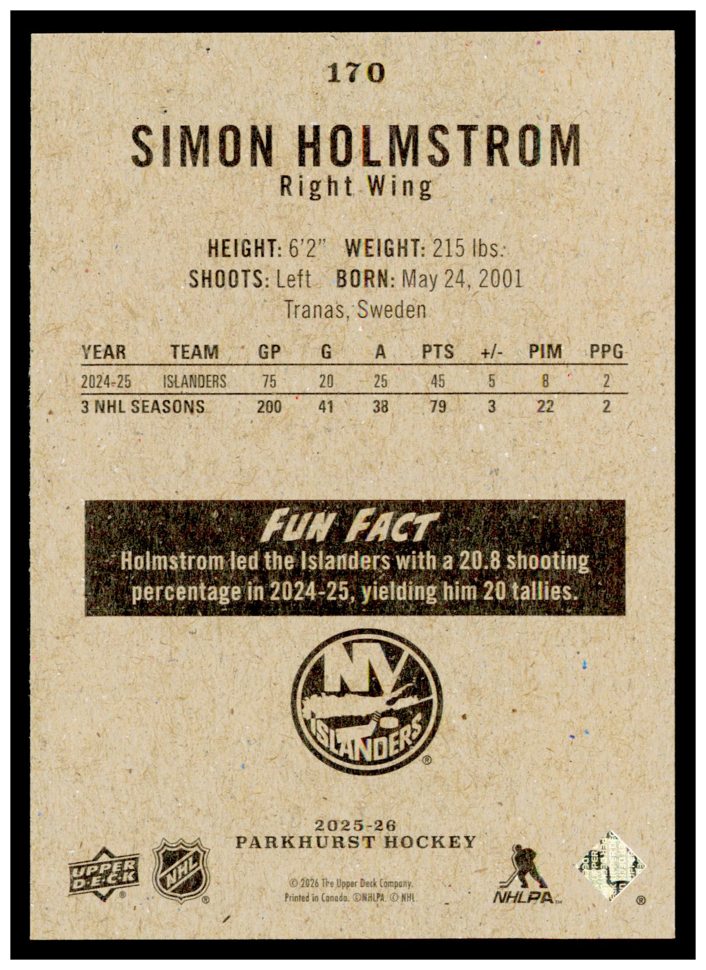 2025-26 Parkhurst Simon Holmstrom Card New York Islanders