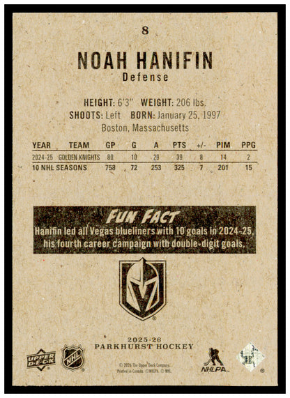 2025-26 Parkhurst Noah Hanifin Card Vegas Golden Knights