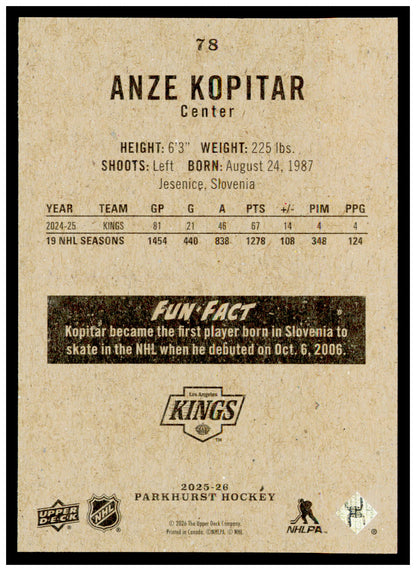 2025-26 Parkhurst Anze Kopitar Card Los Angeles Kings