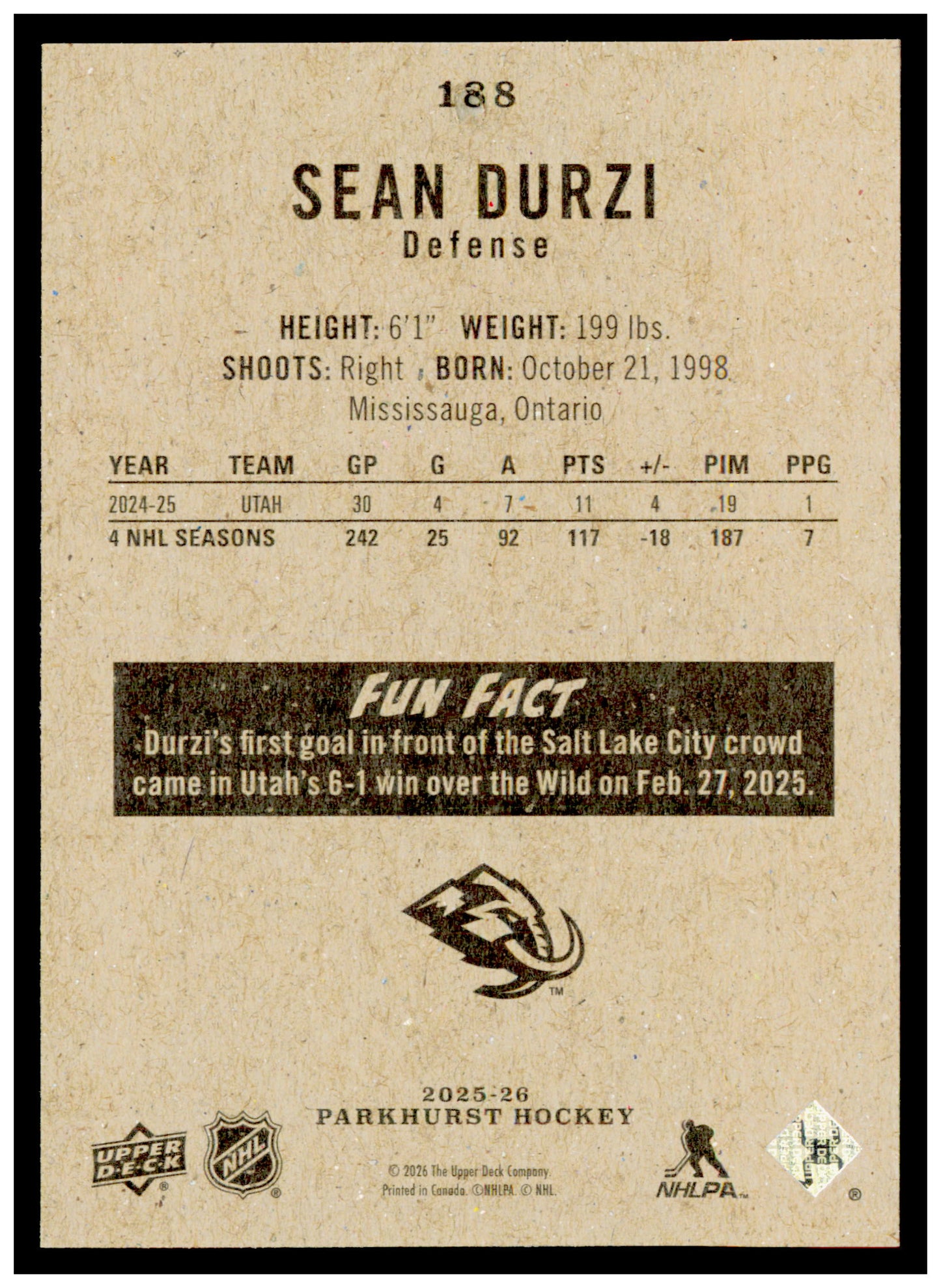 2025-26 Parkhurst Sean Durzi Card Utah Mammoth