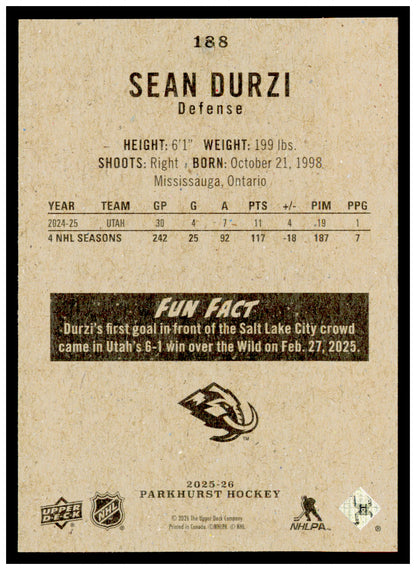 2025-26 Parkhurst Sean Durzi Card Utah Mammoth