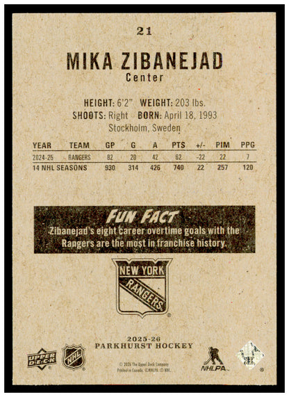 2025-26 Parkhurst Mika Zibanejad Card New York Rangers