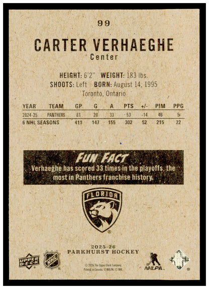 2025-26 Parkhurst Carter Verhaeghe Card Florida Panthers