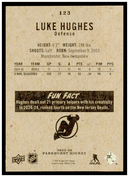 2025-26 Parkhurst Luke Hughes Card New Jersey Devils