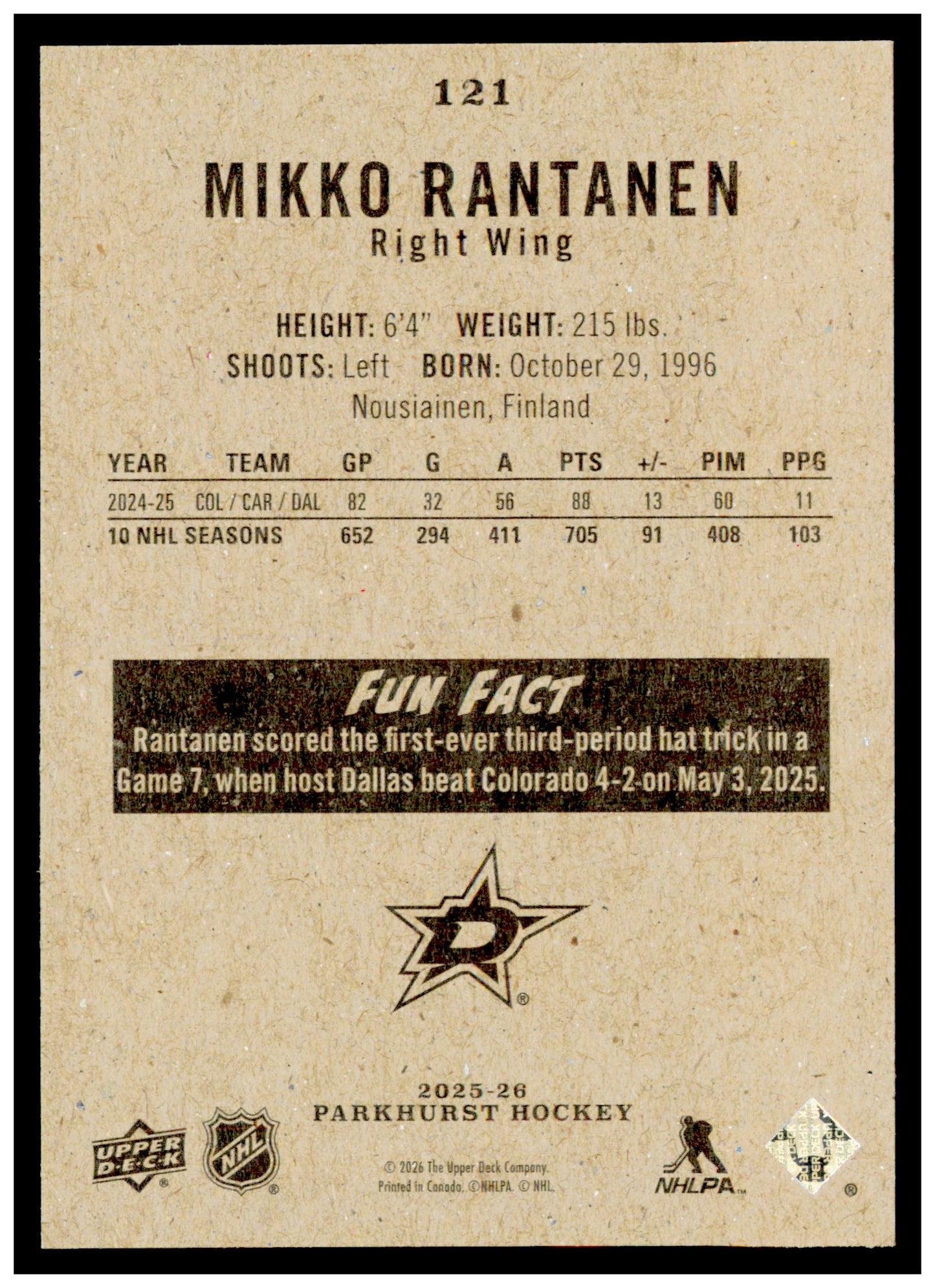2025-26 Parkhurst Mikko Rantanen Card Dallas Stars