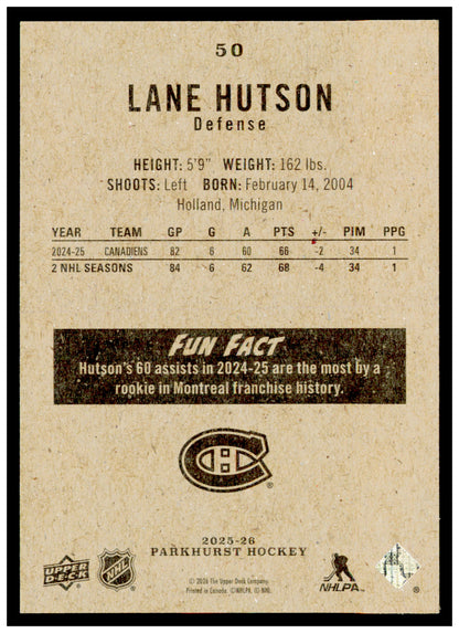 2025-26 Parkhurst Lane Hutson Card Montreal Canadiens