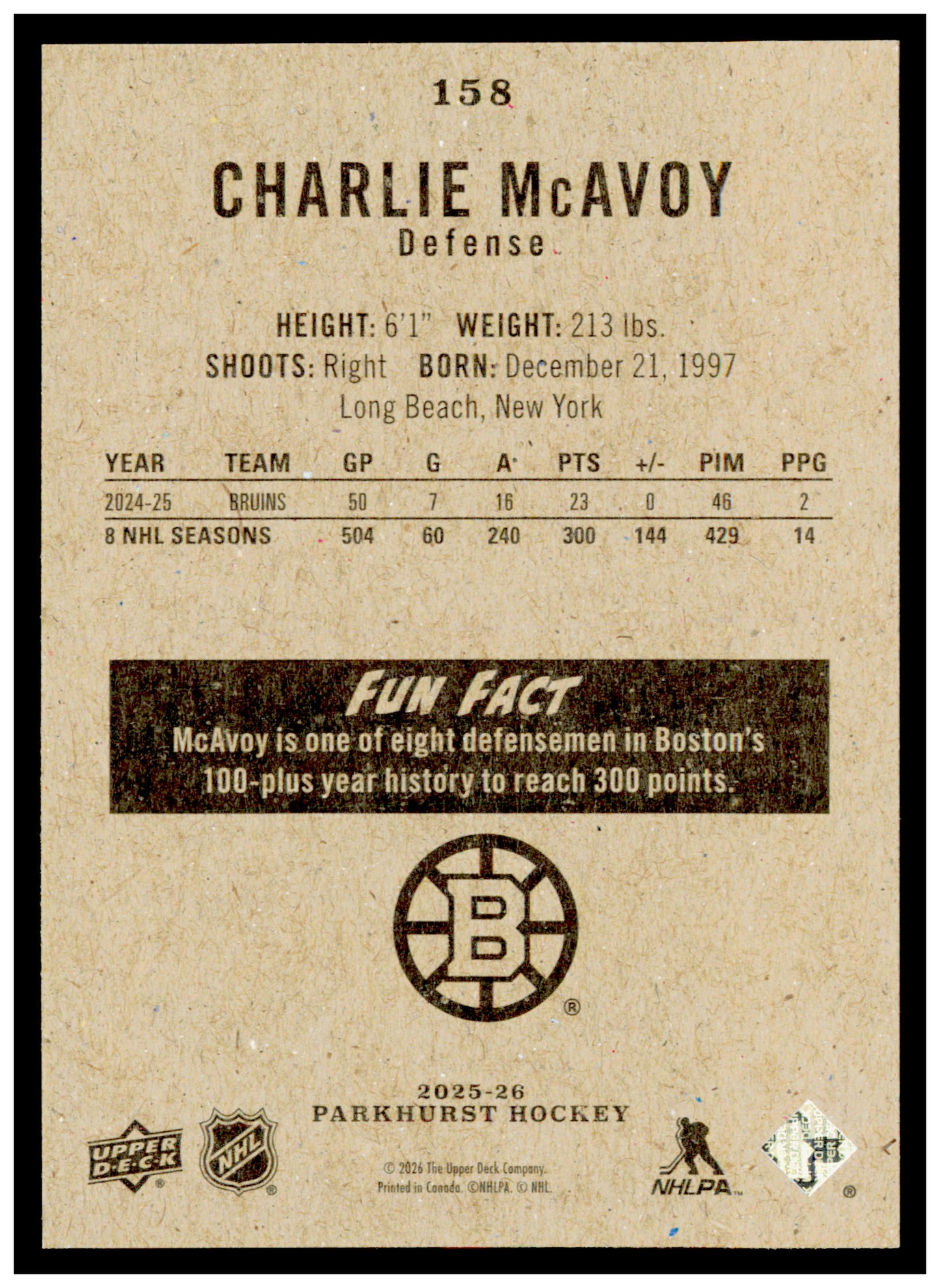 2025-26 Parkhurst Charlie McAvoy Card Boston Bruins