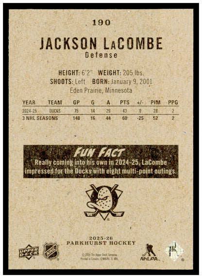 2025-26 Parkhurst Jackson LaCombe Card Anaheim Ducks