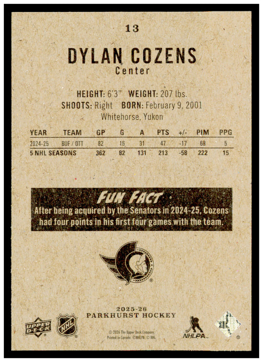 2025-26 Parkhurst Dylan Cozens Card Ottawa Senators