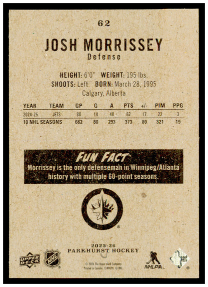 2025-26 Parkhurst Josh Morrissey Card Winnipeg Jets