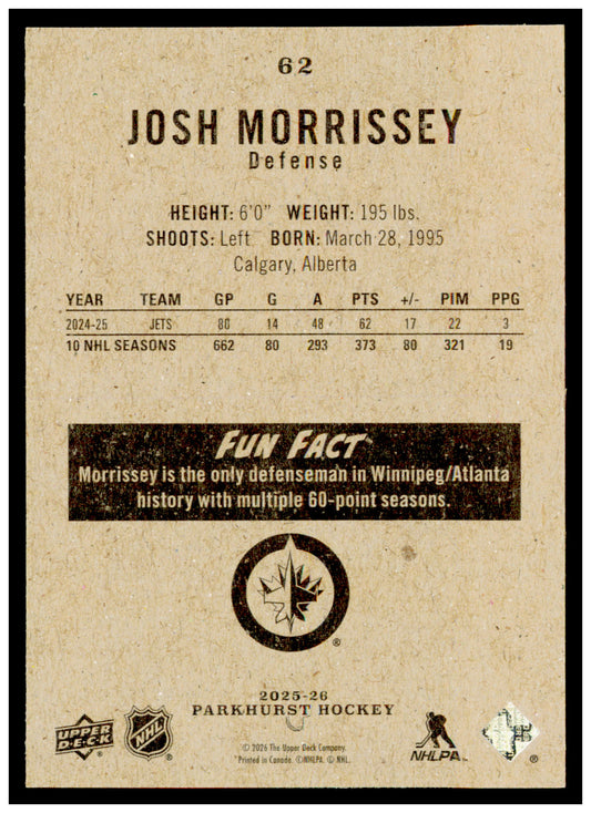 2025-26 Parkhurst Josh Morrissey Card Winnipeg Jets